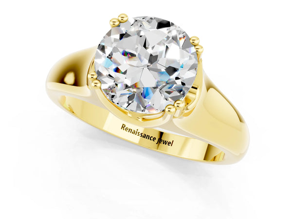 Yellow gold Round Cut Moissanite Solitaire Ring with Wide Band and Prong Setting