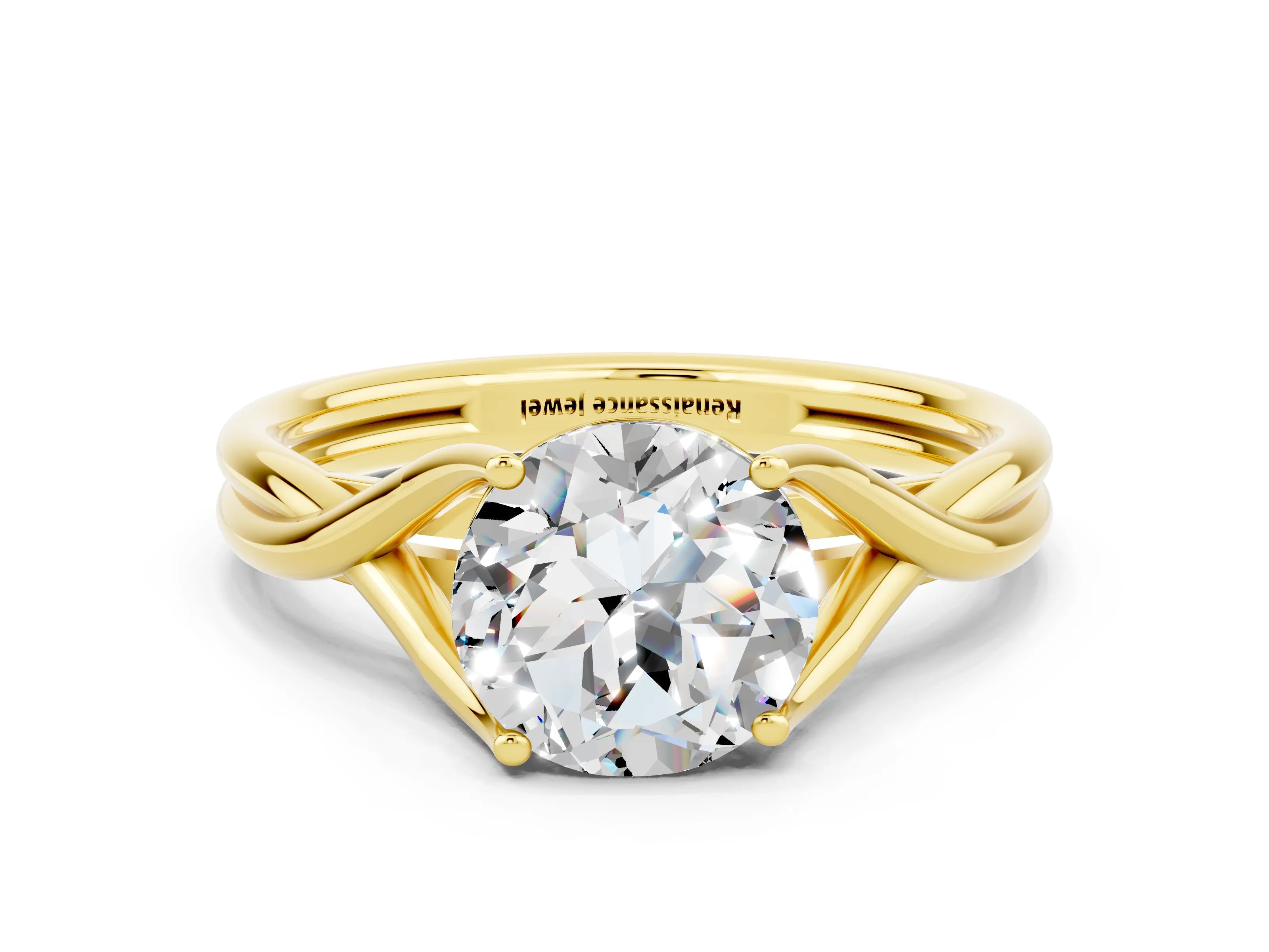 Yellow gold Round Cut Moissanite Solitaire Twist Band Prong Setting Ring_36