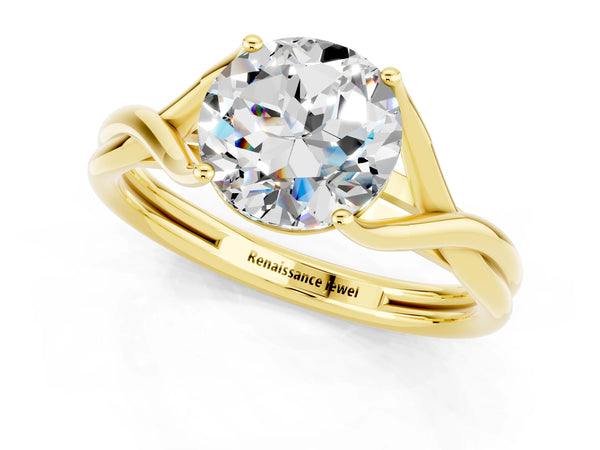 Yellow gold Round Cut Moissanite Solitaire Twist Band Prong Setting Ring
