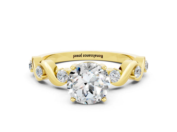 Yellow gold Round Cut Moissanite Solitaire Twisted Band with Round  Accents and Prong Setting