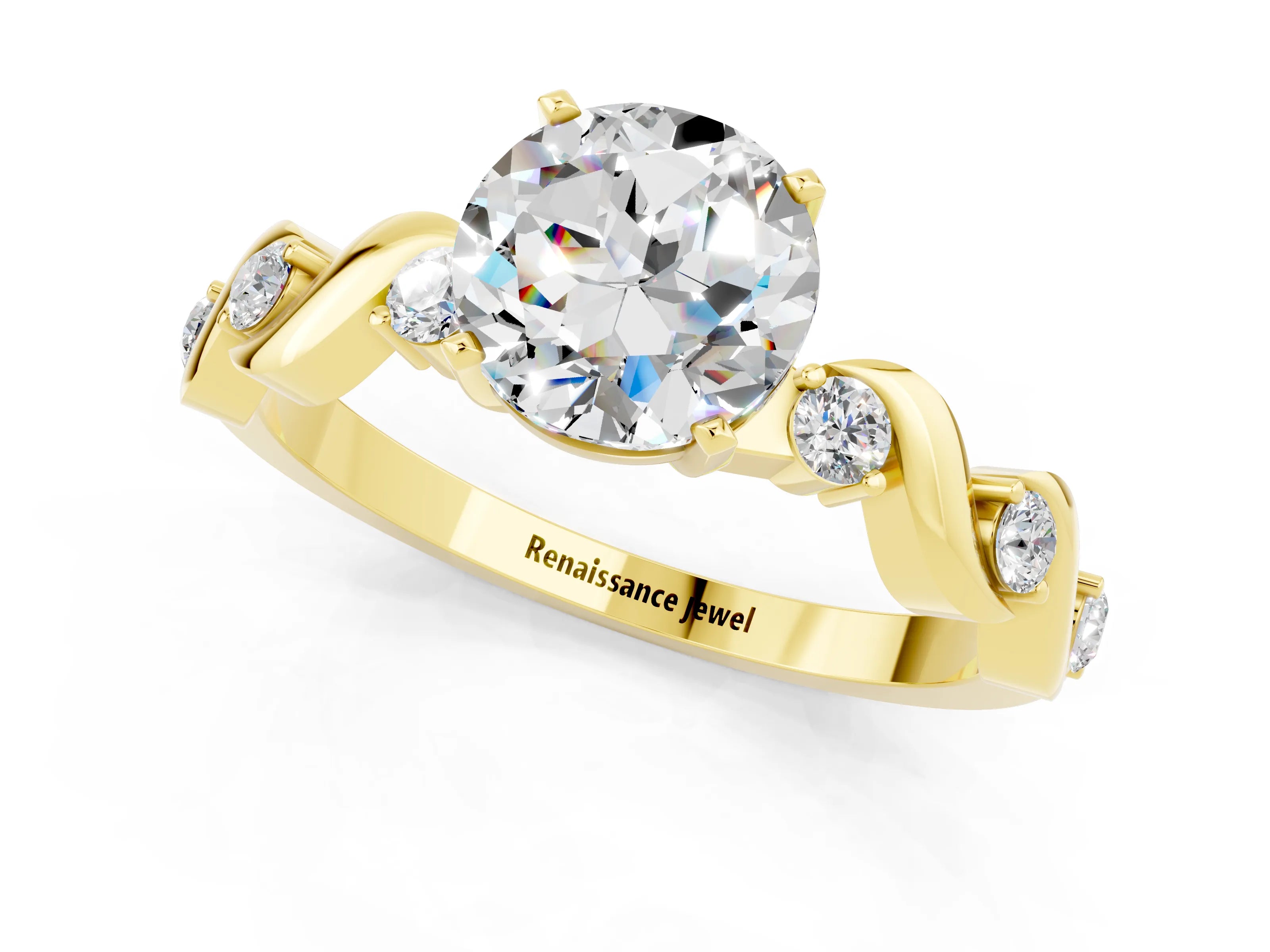 Yellow gold Round Cut Moissanite Solitaire Twisted Band with Round  Accents and Prong Setting_13