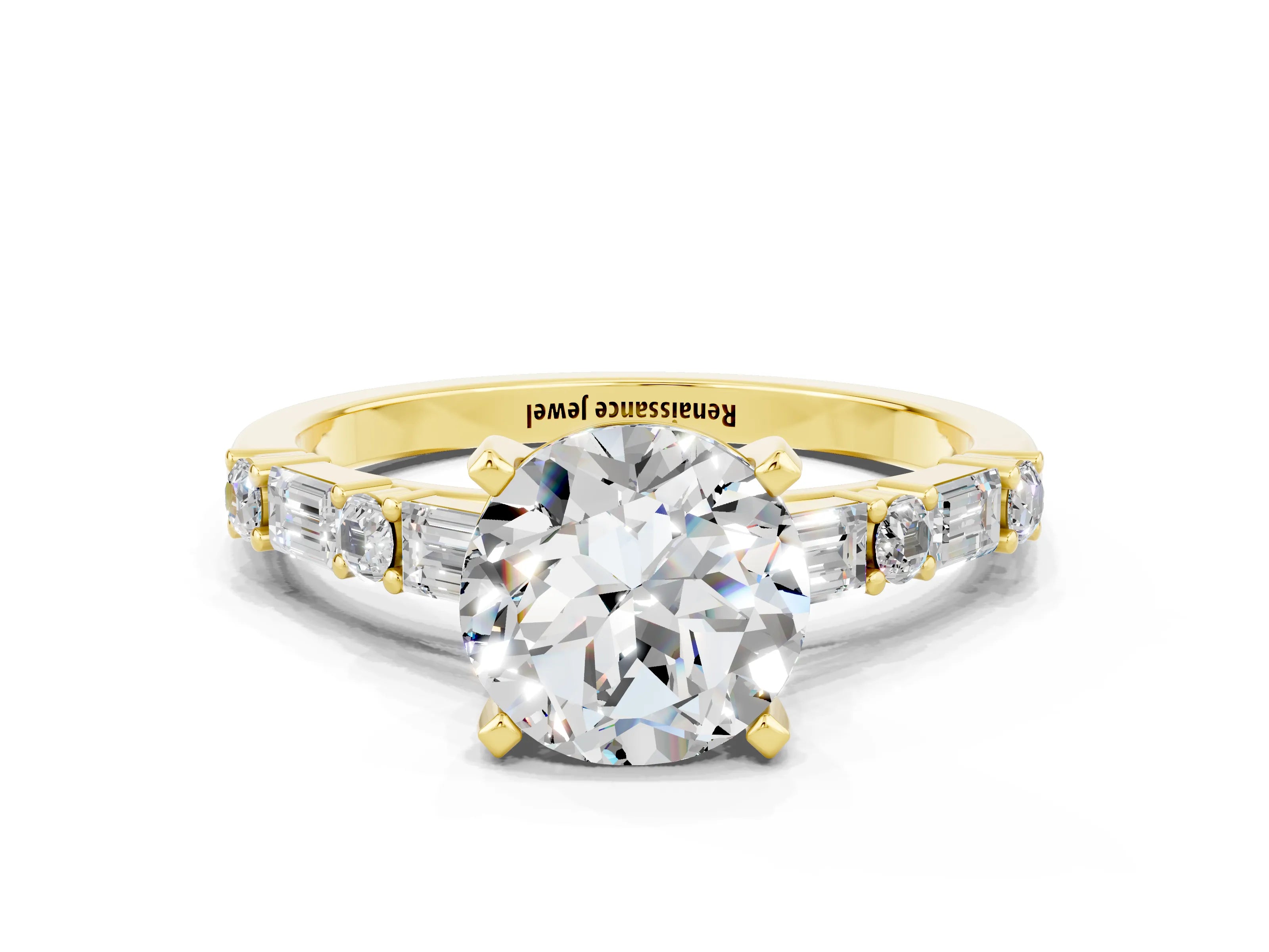 Yellow gold Round Cut Moissanite Solitaire with Side Baguettes and Channel Set Band