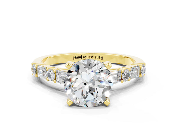 Yellow gold Round Cut Moissanite Solitaire with Side Baguettes and Channel Set Band