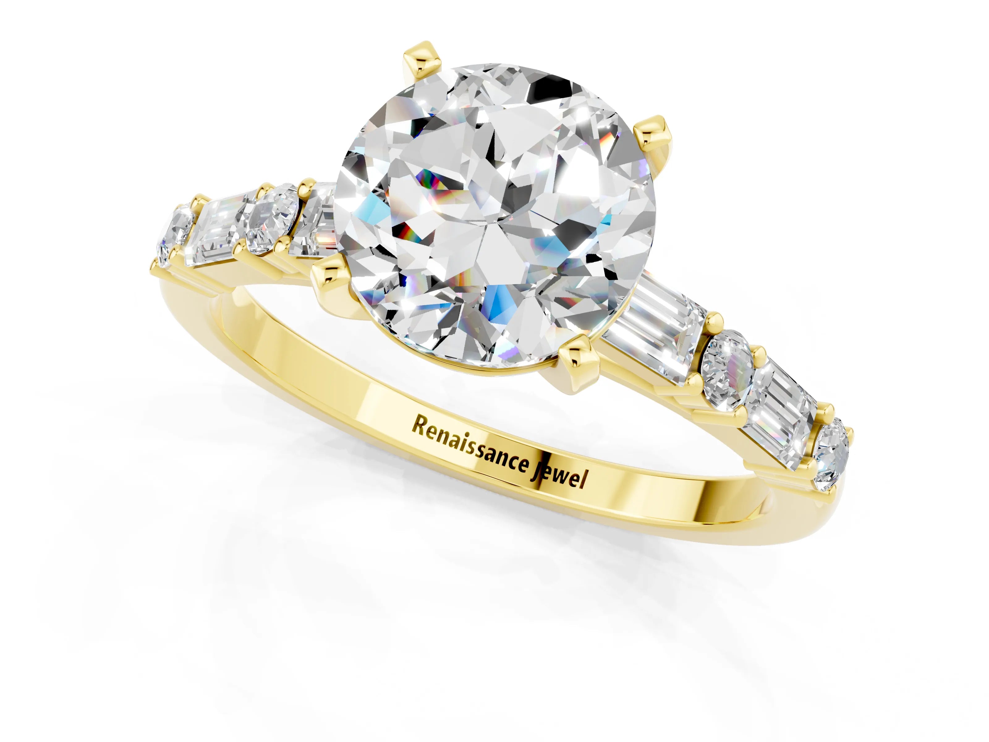 Yellow gold Round Cut Moissanite Solitaire with Side Baguettes and Channel Set Band_1