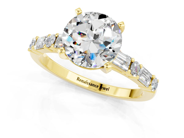 Yellow gold Round Cut Moissanite Solitaire with Side Baguettes and Channel Set Band