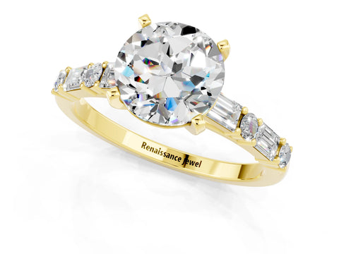 Yellow gold Round Cut Moissanite Solitaire with Side Baguettes and Channel Set Band_1
