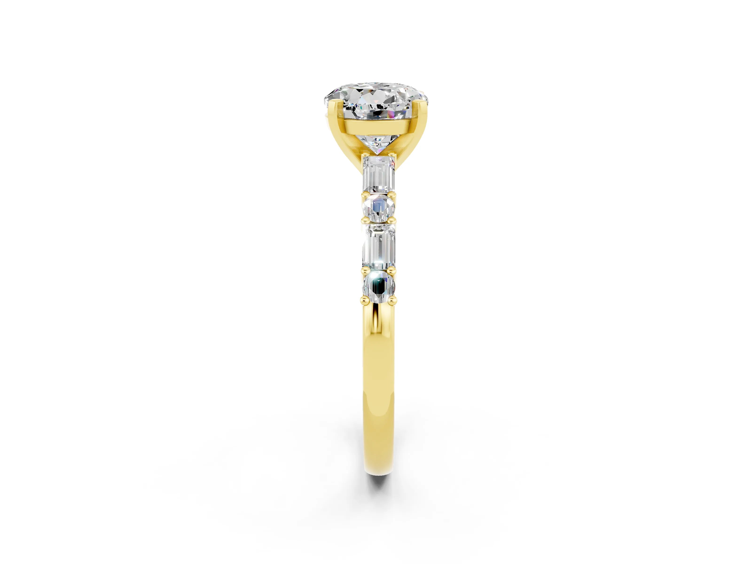 Yellow gold Round Cut Moissanite Solitaire with Side Baguettes and Channel Set Band_2