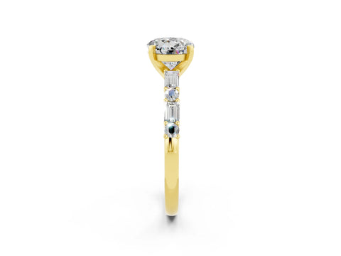 Yellow gold Round Cut Moissanite Solitaire with Side Baguettes and Channel Set Band_2