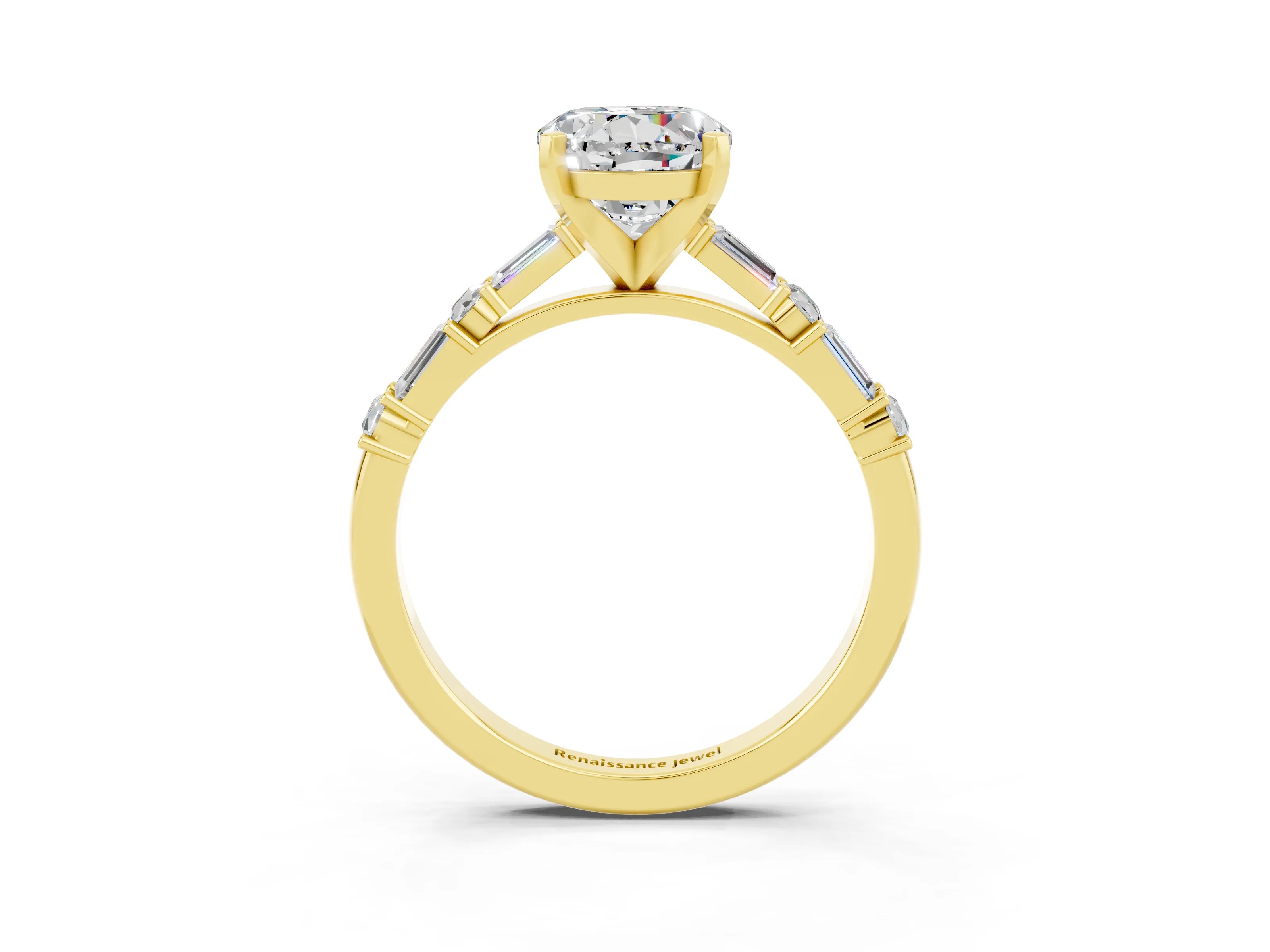 Yellow gold Round Cut Moissanite Solitaire with Side Baguettes and Channel Set Band_3