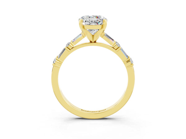 Yellow gold Round Cut Moissanite Solitaire with Side Baguettes and Channel Set Band