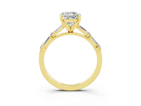 Yellow gold Round Cut Moissanite Solitaire with Side Baguettes and Channel Set Band_3