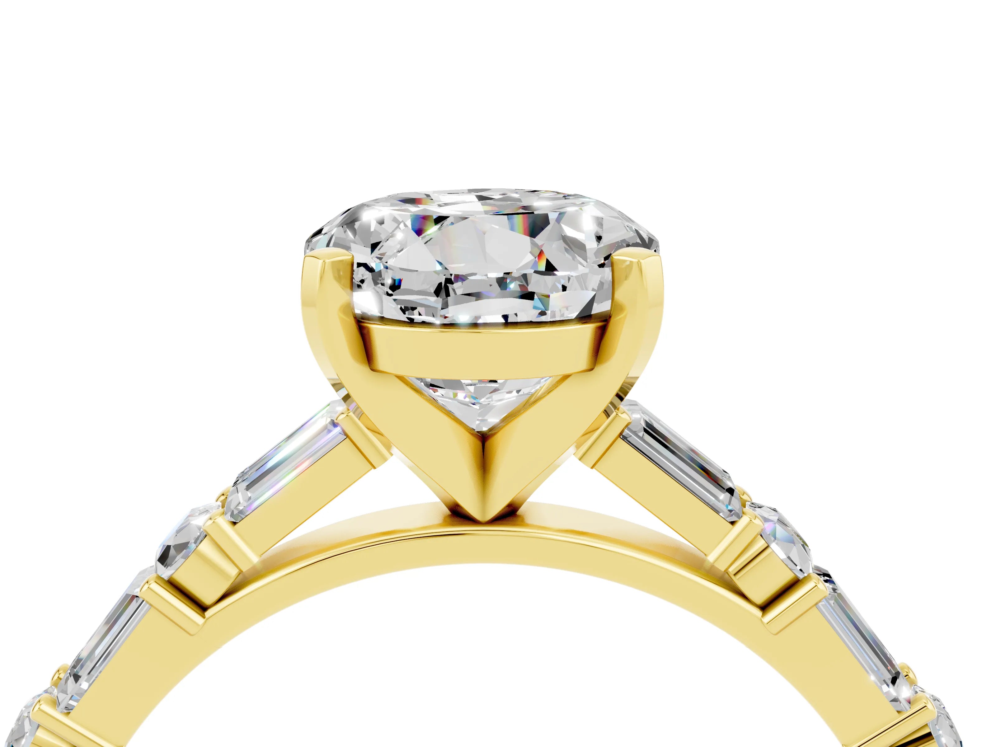 Yellow gold Round Cut Moissanite Solitaire with Side Baguettes and Channel Set Band_4