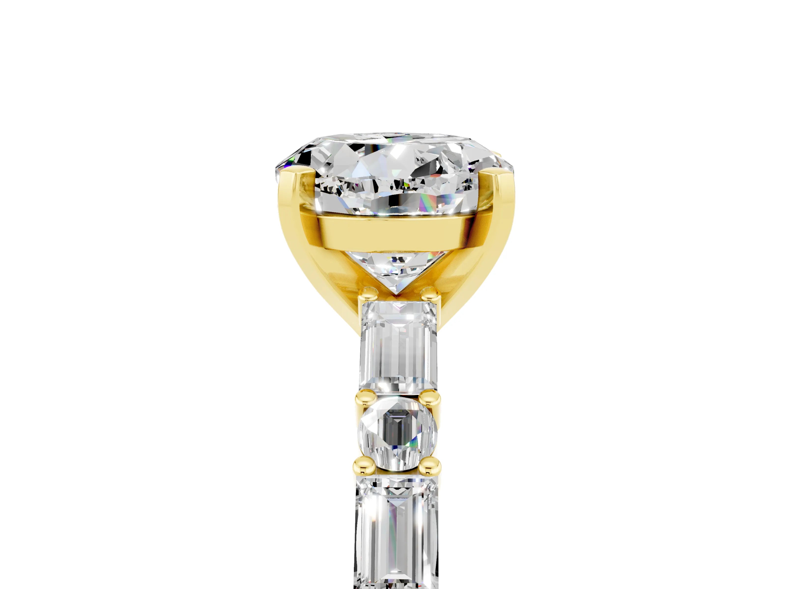 Yellow gold Round Cut Moissanite Solitaire with Side Baguettes and Channel Set Band_5