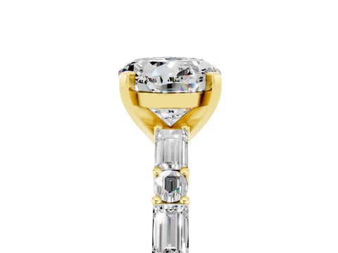 Yellow gold Round Cut Moissanite Solitaire with Side Baguettes and Channel Set Band_5