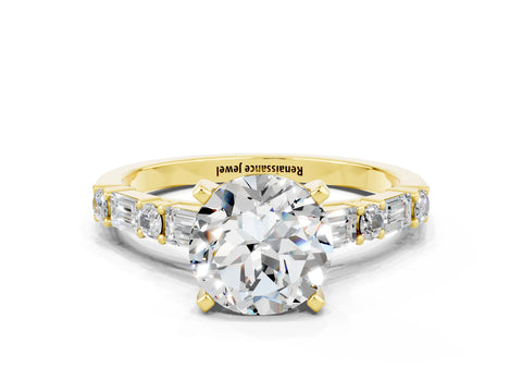 Yellow gold Round Cut Moissanite Solitaire with Side Baguettes and Channel Set Band