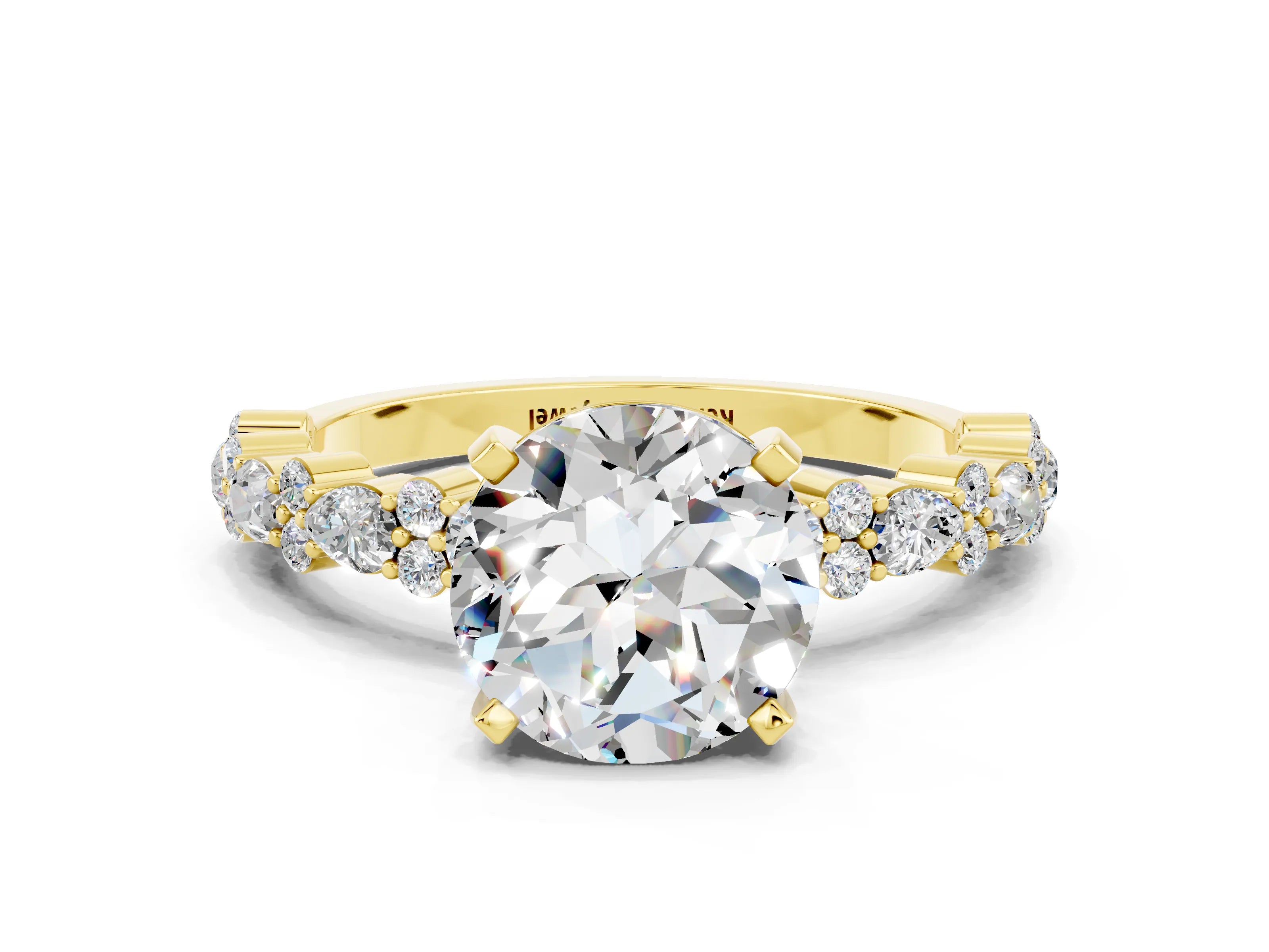Yellow gold Round Cut Moissanite Solitaire with Side Stones, Pave Band, Four-Prong Setting_36
