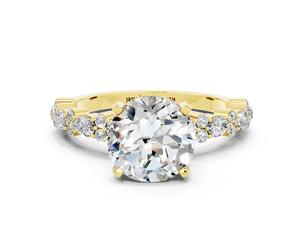 Yellow gold Round Cut Moissanite Side Stone Solitaire Ring with Round  and Four-Prong Setting