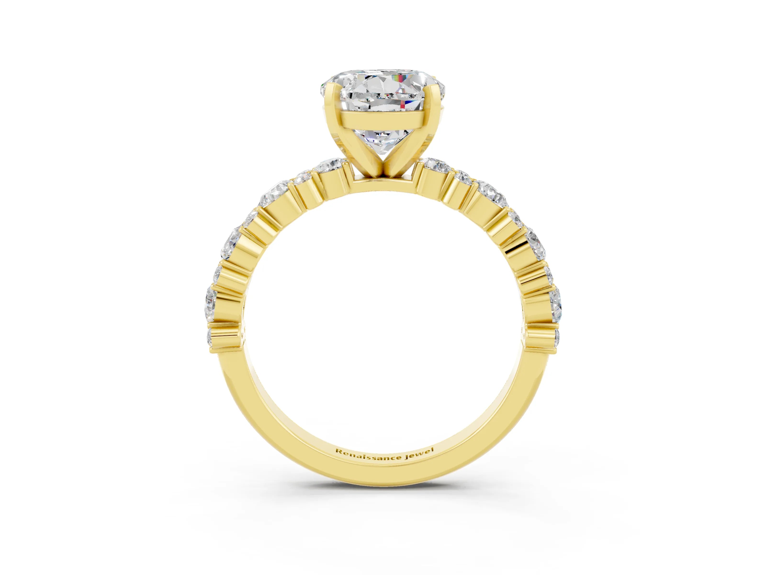 Yellow gold Round Cut Moissanite Solitaire with Side Stones, Pave Band, Four-Prong Setting_39
