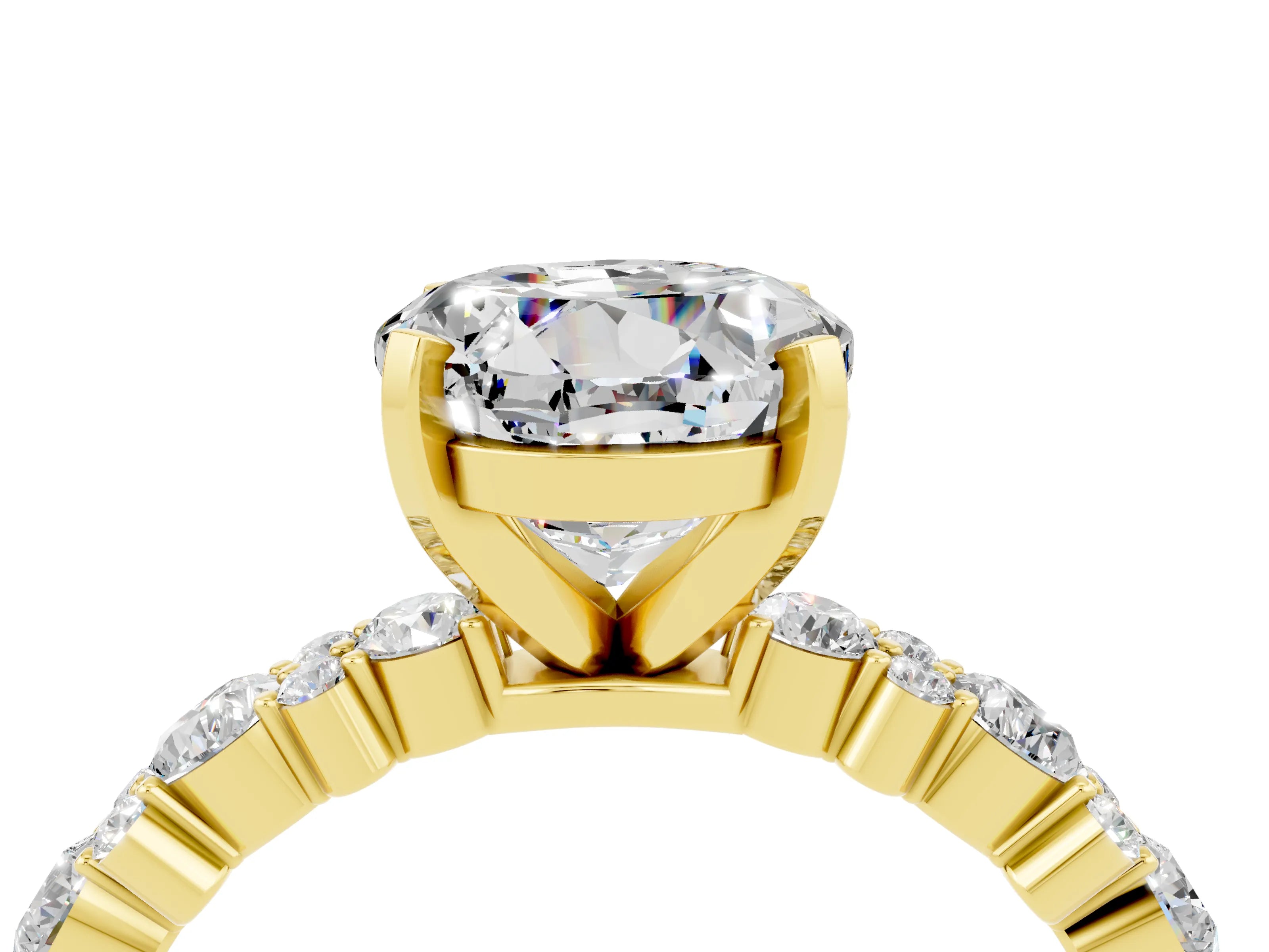 Yellow gold Round Cut Moissanite Solitaire with Side Stones, Pave Band, Four-Prong Setting_40