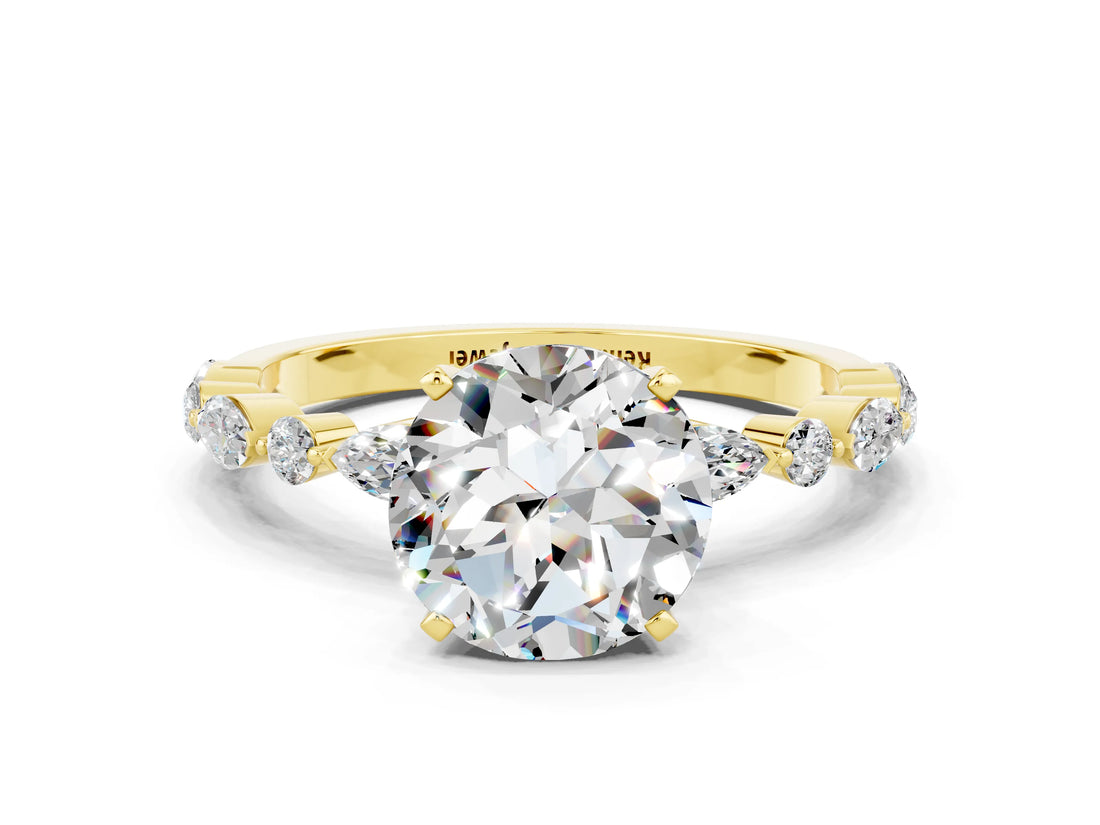 Yellow gold Round Cut Moissanite Solitaire with Side Stones on a Pavé Band and Four-Prong Setting_12