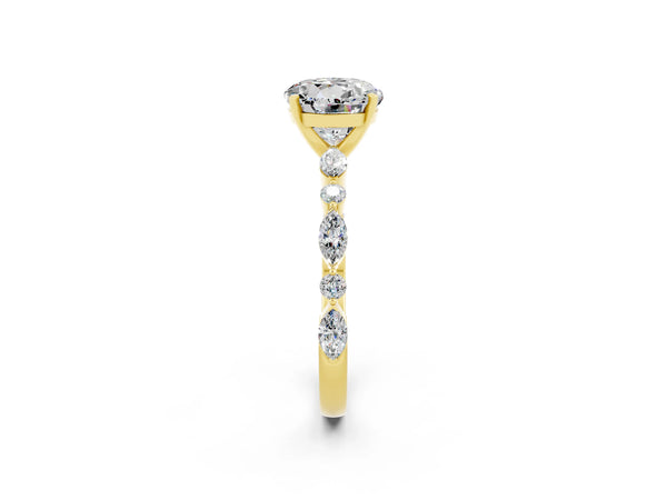 Yellow gold Round Cut Moissanite Ring with Marquise and Round  Side Stones and Four-Prong Setting