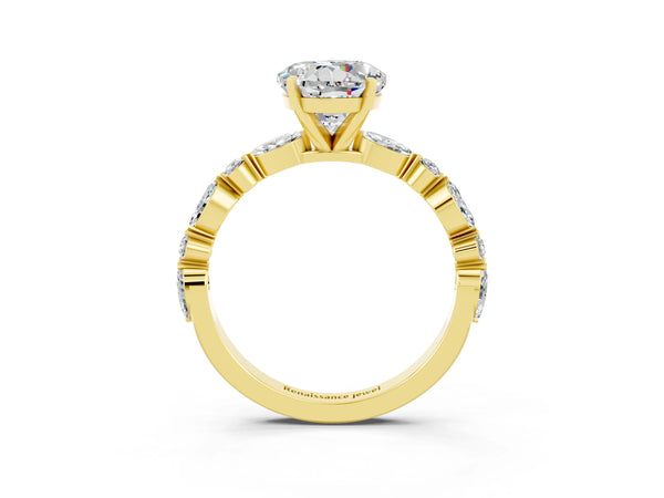 Yellow gold Round Cut Moissanite Ring with Marquise and Round  Side Stones and Four-Prong Setting