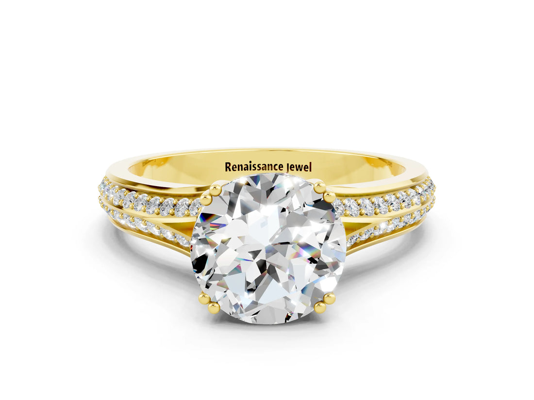 Yellow gold Round Cut Moissanite Split Shank Engagement Ring with Pavé Band