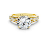 Yellow gold Round Cut Moissanite Split Shank Engagement Ring with Pavé Band