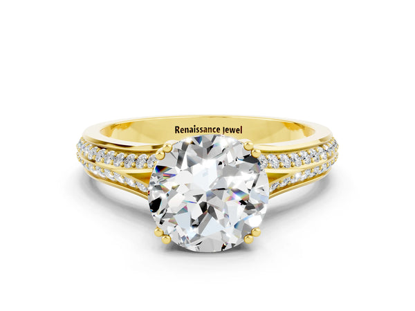 Yellow gold Round Cut Moissanite Split Shank Engagement Ring with Pavé Band