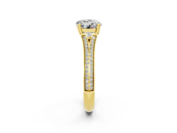 Yellow gold Round Cut Moissanite Split Shank Engagement Ring with Pavé Band