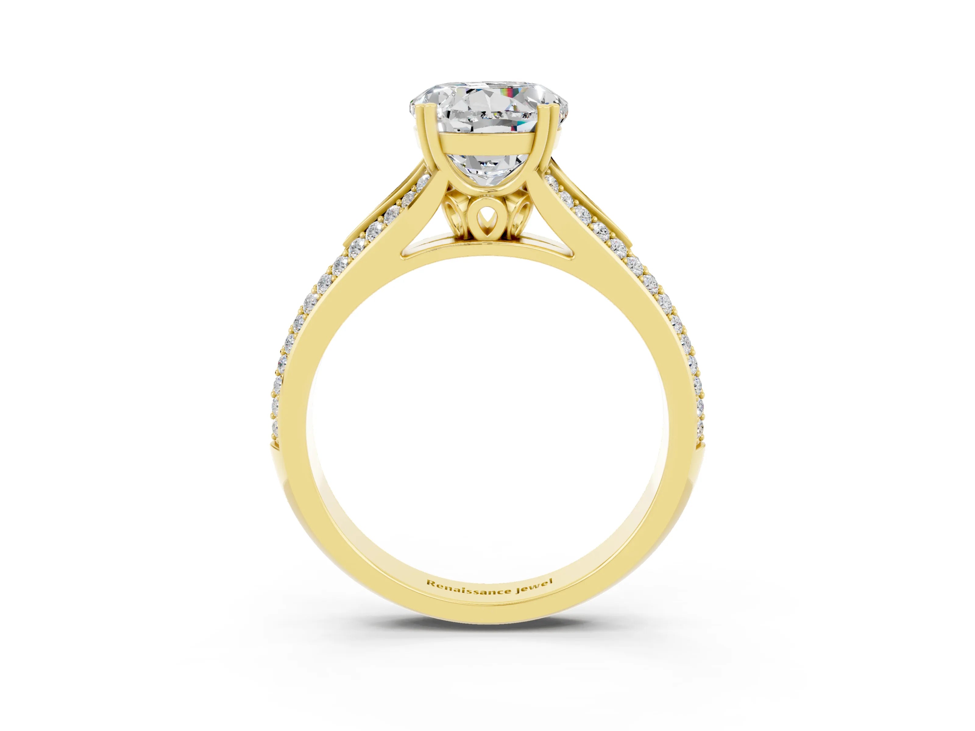 Yellow gold Round Cut Moissanite Split Shank Engagement Ring with Pavé Band_3