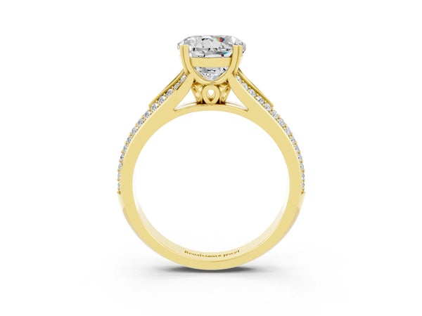 Yellow gold Round Cut Moissanite Split Shank Engagement Ring with Pavé Band