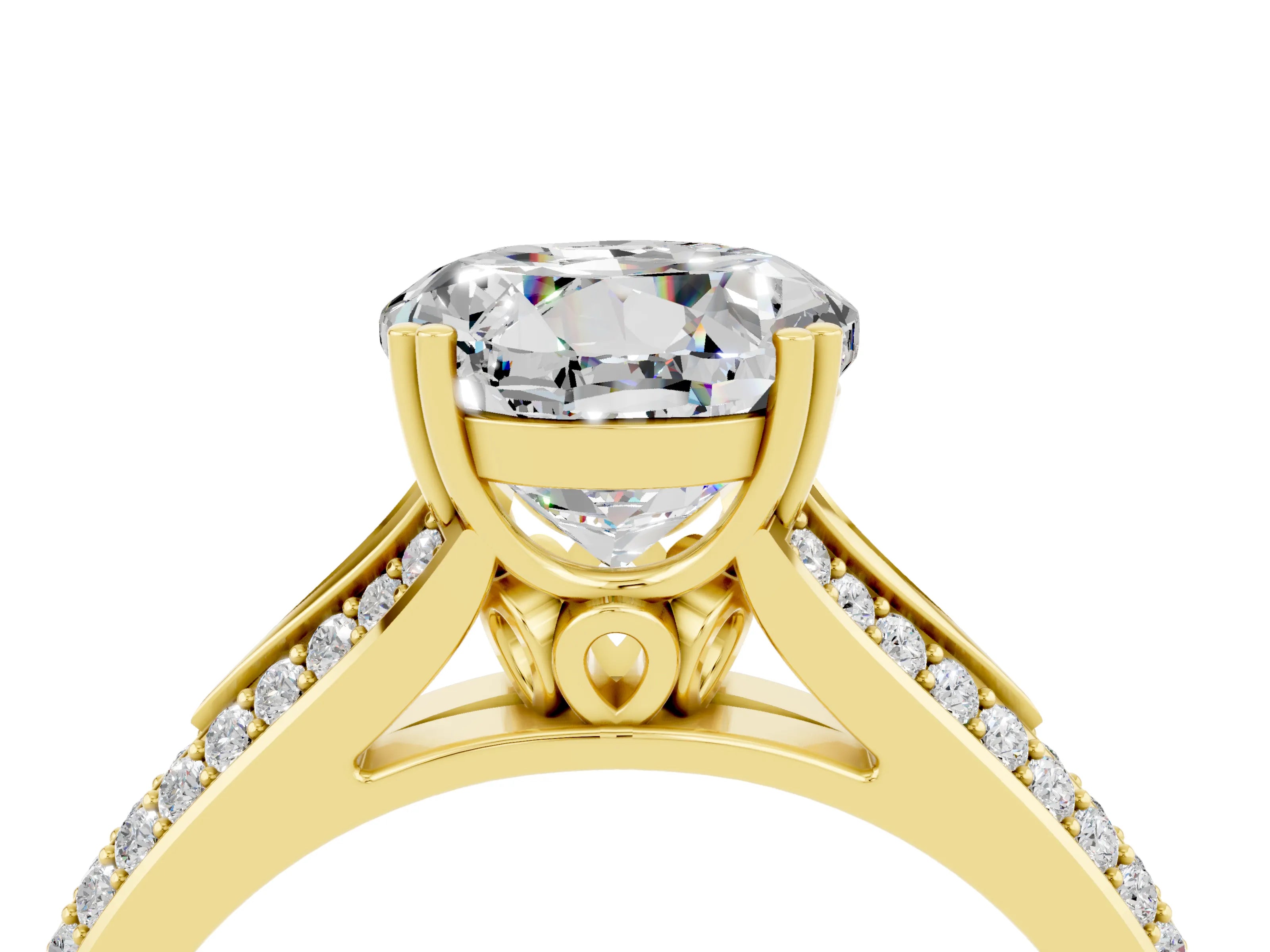 Yellow gold Round Cut Moissanite Split Shank Engagement Ring with Pavé Band_4