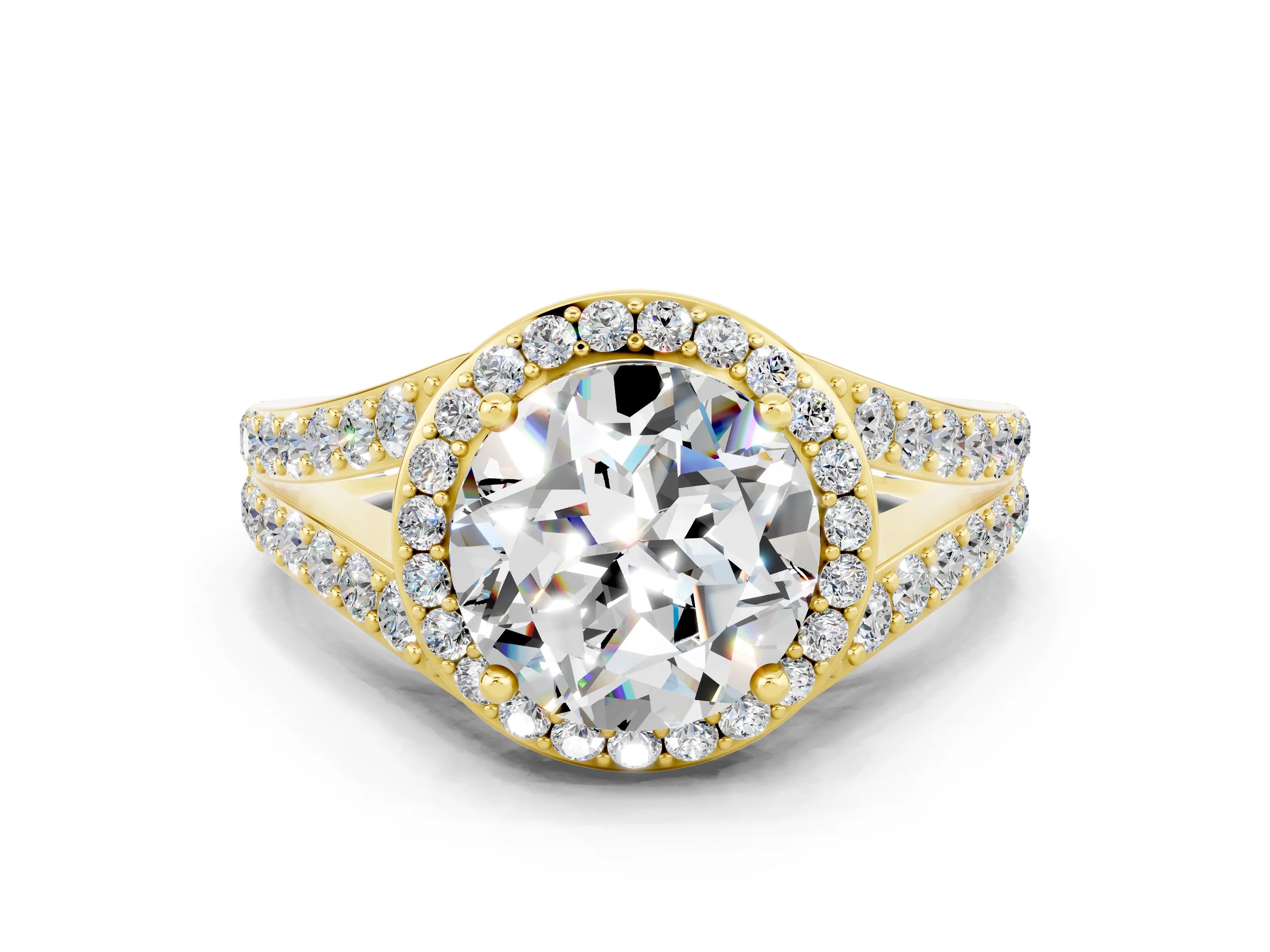 Yellow gold Round Cut Moissanite Split Shank Halo Ring with Four-Prong Setting_12