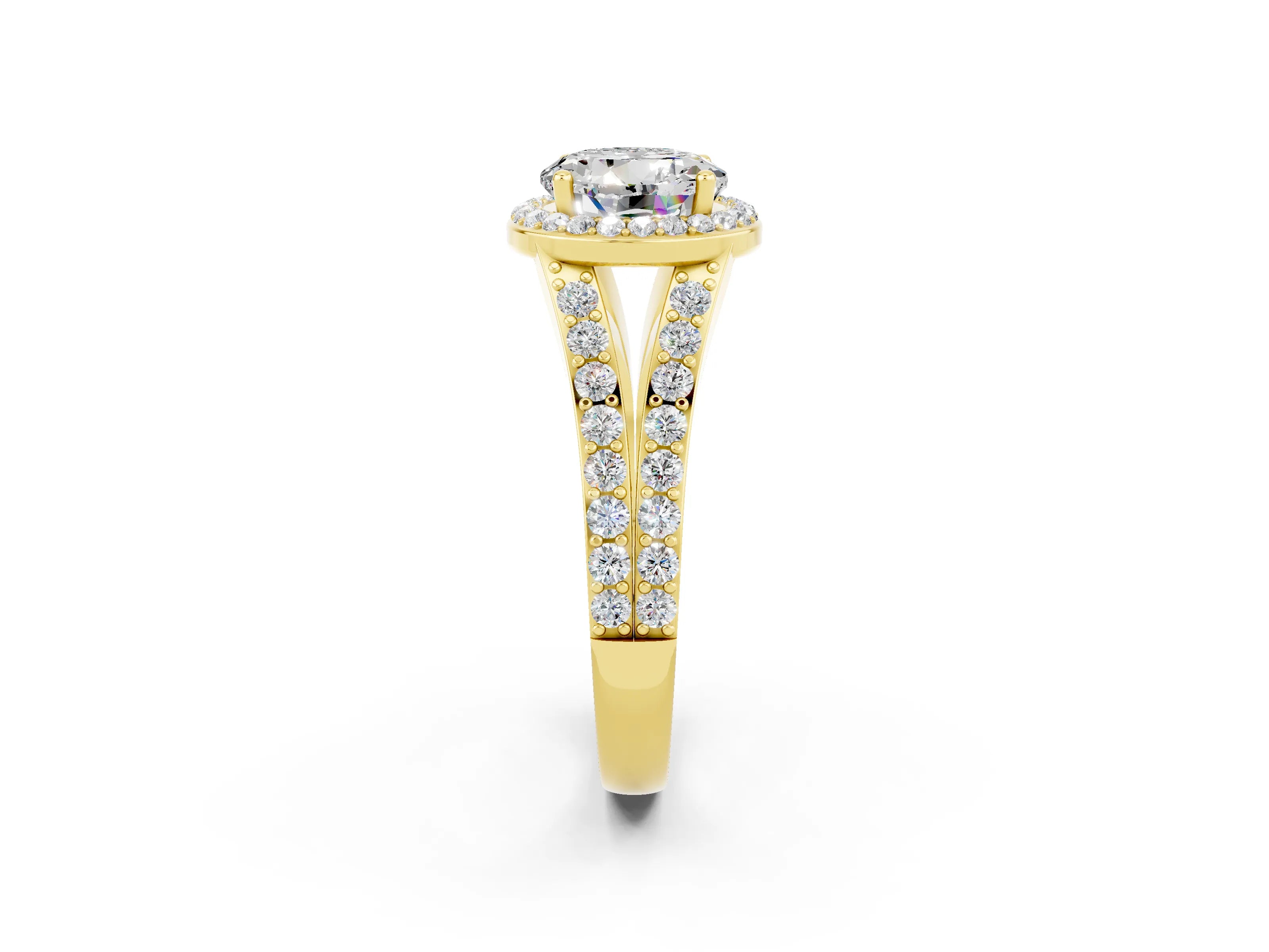Yellow gold Round Cut Moissanite Split Shank Halo Ring with Four-Prong Setting_14