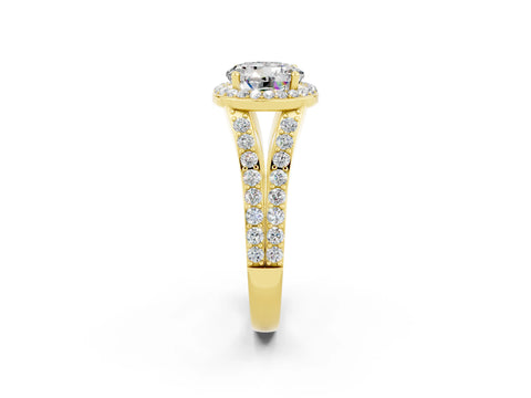 Yellow gold Round Cut Moissanite Split Shank Halo Ring with Four-Prong Setting_14