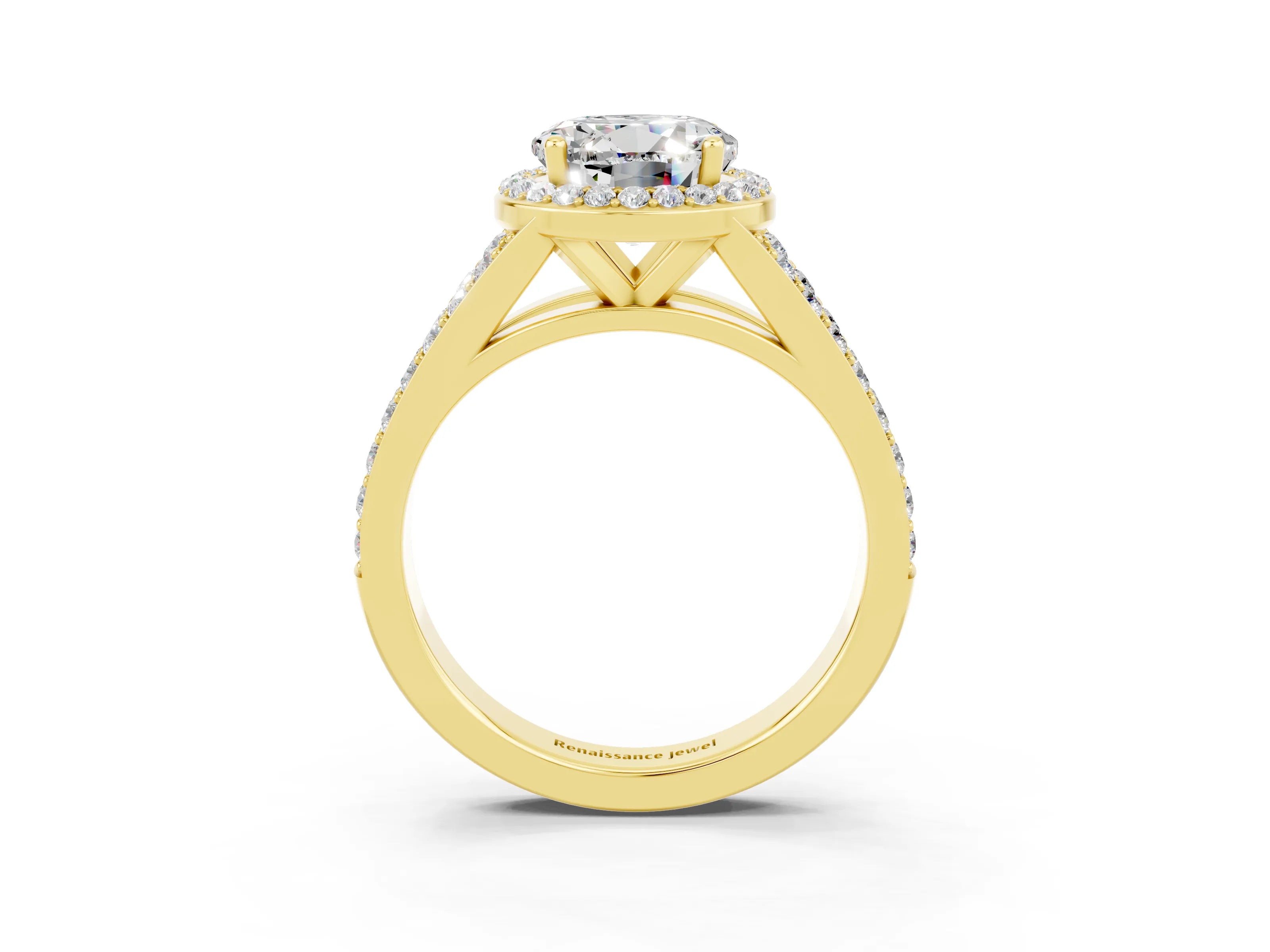 Yellow gold Round Cut Moissanite Split Shank Halo Ring with Four-Prong Setting_15