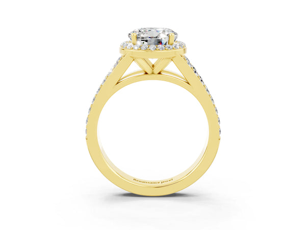 Yellow gold Round Cut Moissanite Split Shank Halo Ring with Four-Prong Setting