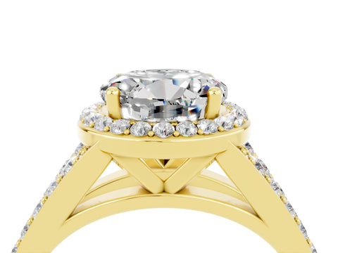 Yellow gold Round Cut Moissanite Split Shank Halo Ring with Four-Prong Setting_16