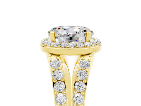 Yellow gold Round Cut Moissanite Split Shank Halo Ring with Four-Prong Setting_17