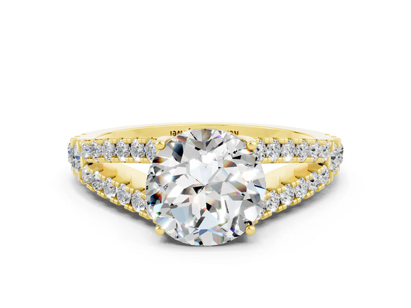 Yellow gold Round Cut Moissanite Split Shank Pavé Engagement Ring with Four-Prong Setting