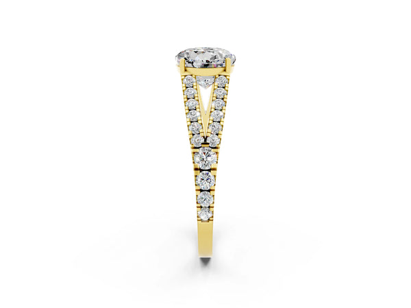 Yellow gold Round Cut Moissanite Split Shank Pavé Engagement Ring with Four-Prong Setting