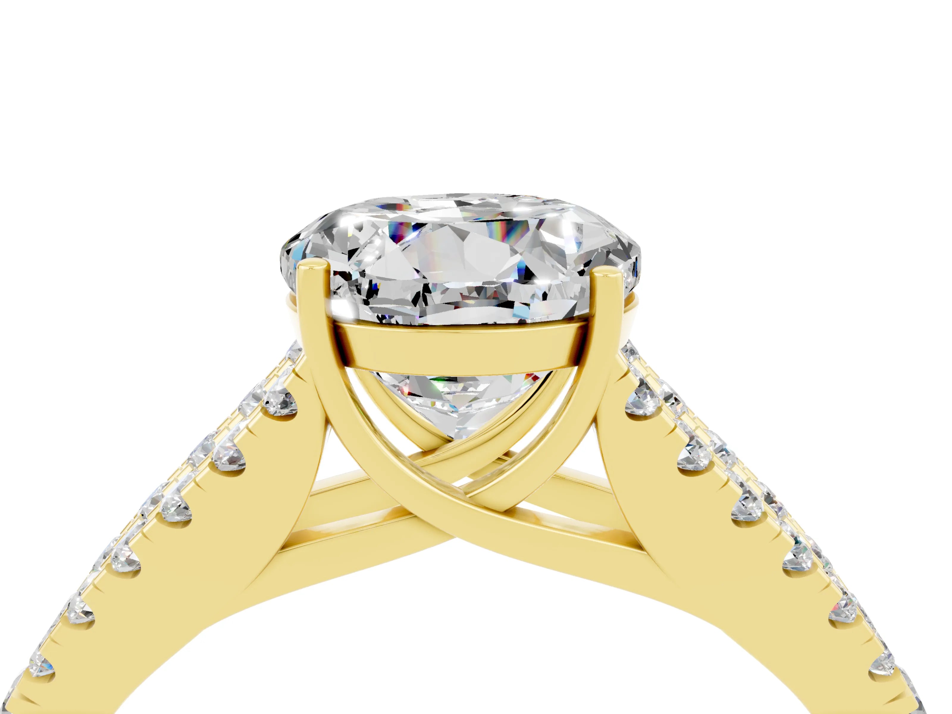 Yellow gold Round Cut Moissanite Split Shank Pavé Engagement Ring with Four-Prong Setting_16