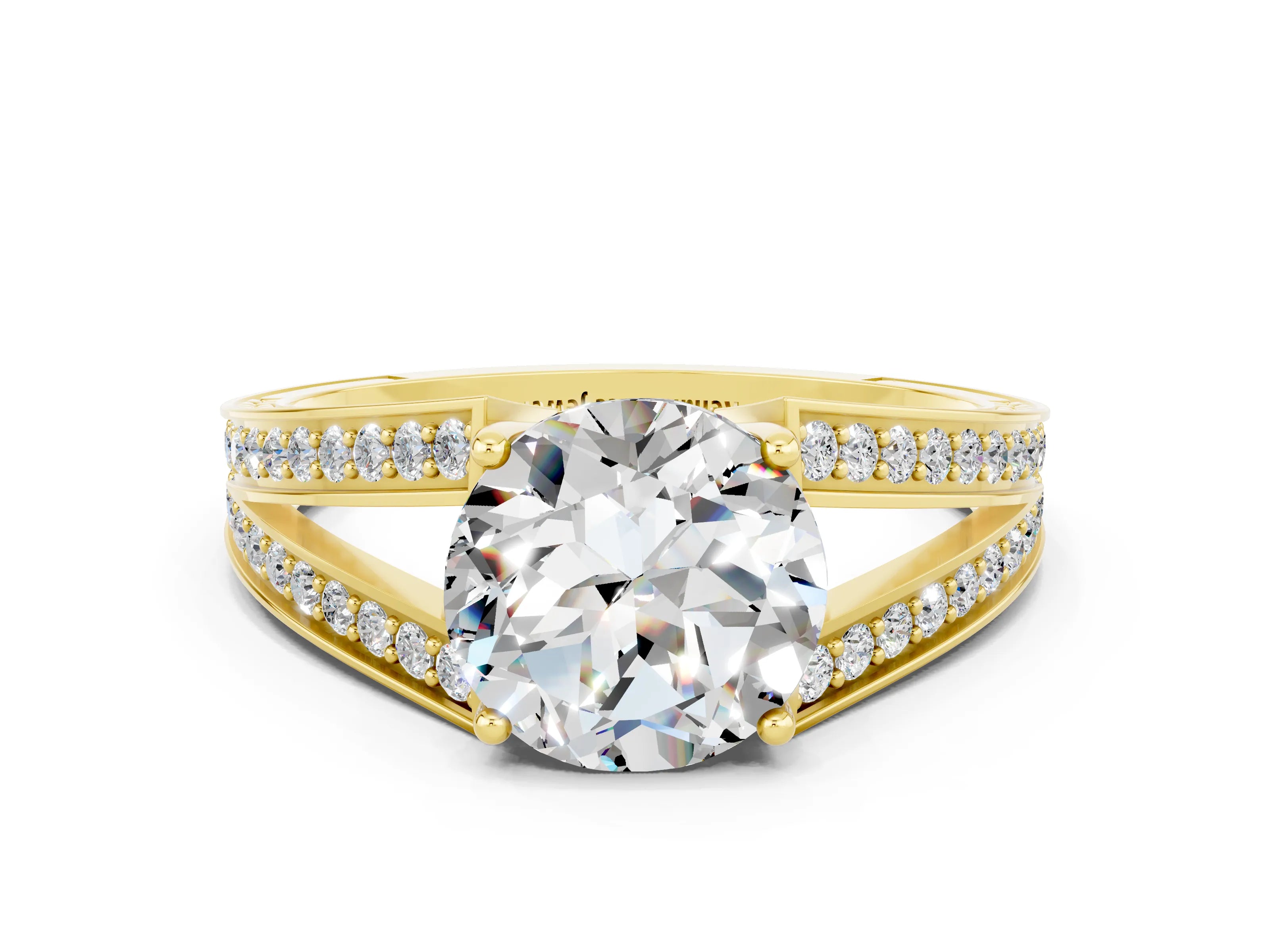 Yellow gold Round Cut Moissanite Split Shank Ring with Pavé Band and Four-Prong Setting