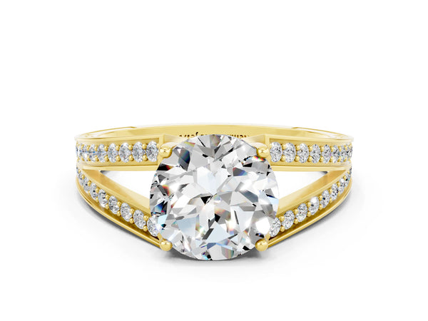 Yellow gold Round Cut Moissanite Split Shank Ring with Pavé Band and Four-Prong Setting