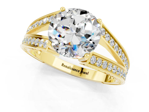 Yellow gold Round Cut Moissanite Split Shank Ring with Pavé Band and Four-Prong Setting_1