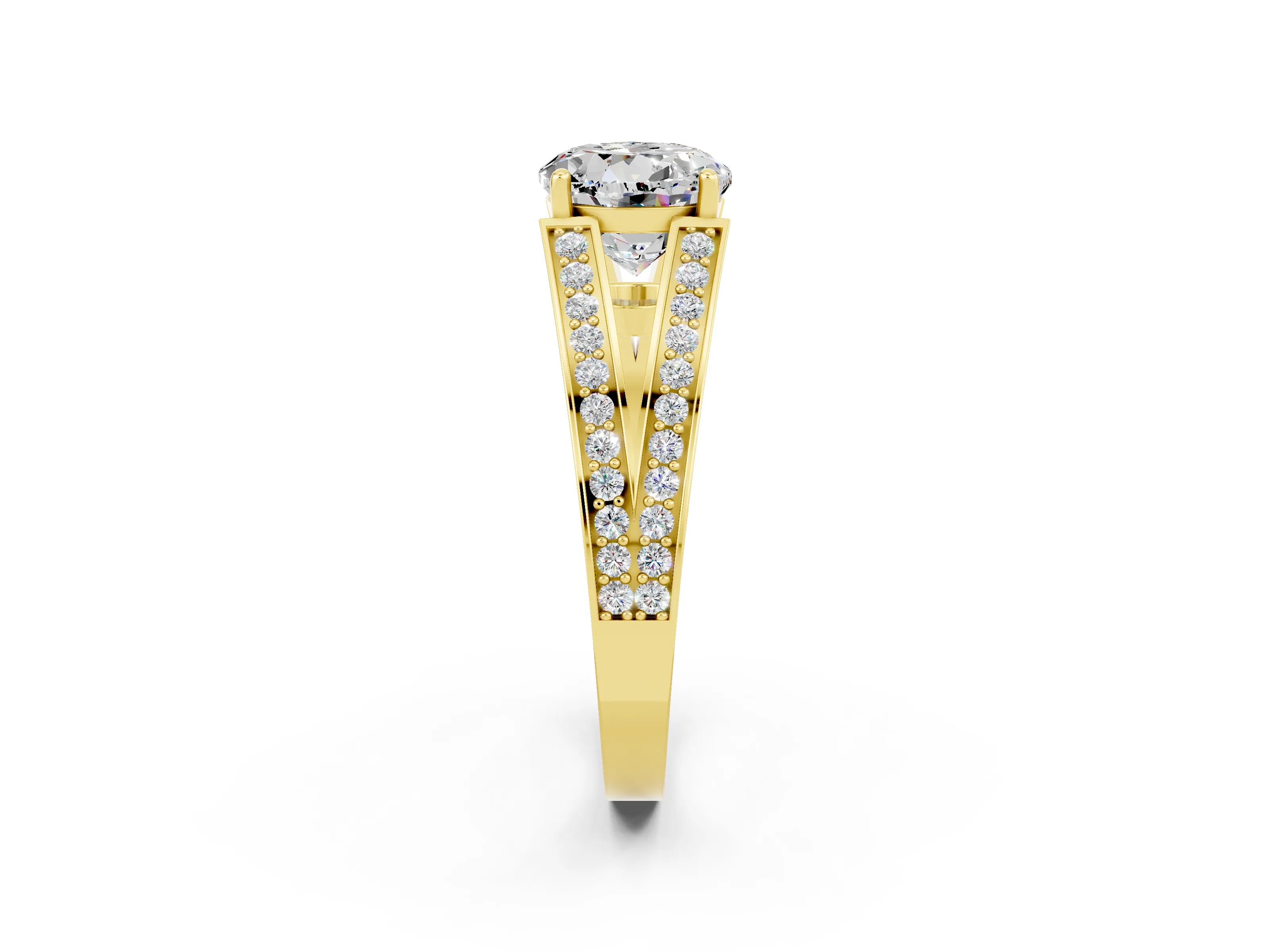 Yellow gold Round Cut Moissanite Split Shank Ring with Pavé Band and Four-Prong Setting_2