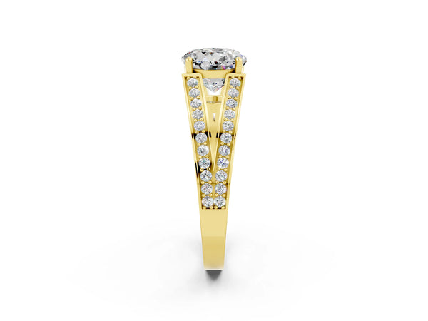 Yellow gold Round Cut Moissanite Split Shank Ring with Pavé Band and Four-Prong Setting