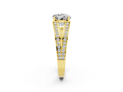 Yellow gold Round Cut Moissanite Split Shank Ring with Pavé Band and Four-Prong Setting_2