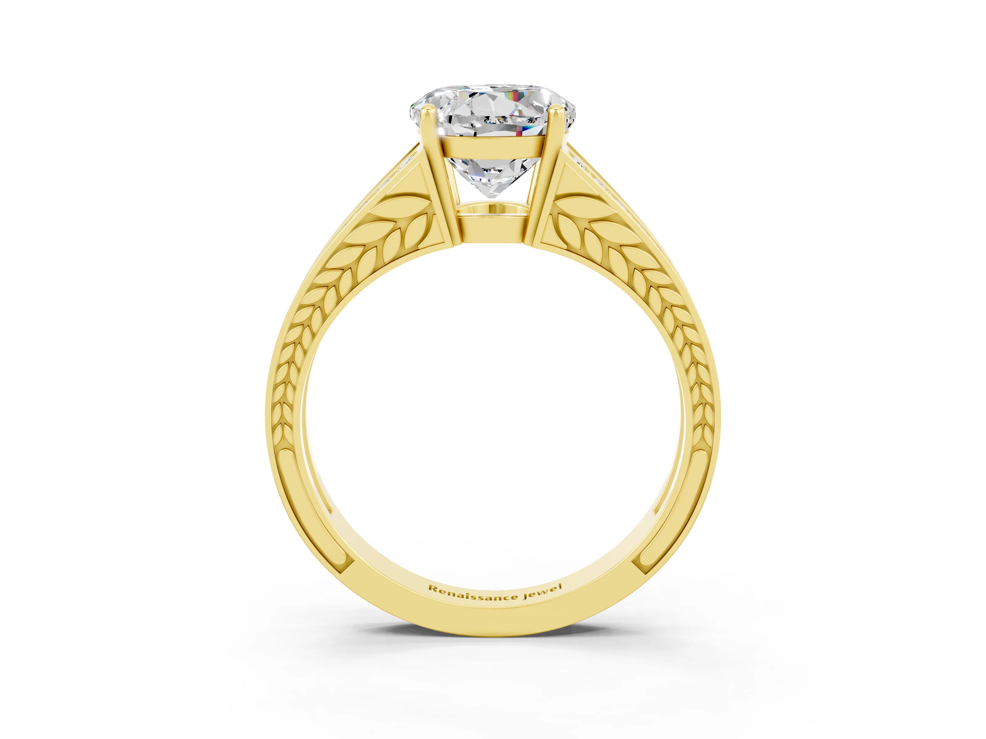 Yellow gold Round Cut Moissanite Split Shank Ring with Pavé Band and Four-Prong Setting_3